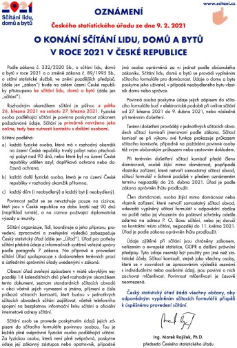 1. Oznámení o konání sčítání lidu, domů a bytů 2021.